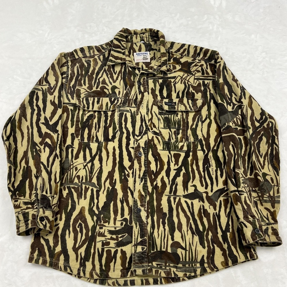 Rattlers Brand Shirt Jacket Mens XL Camo Ducks Unlimited Flannel Made in USA